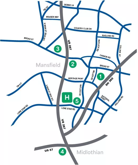 Map of the care facilities for Texas Health Hospital Mansfield